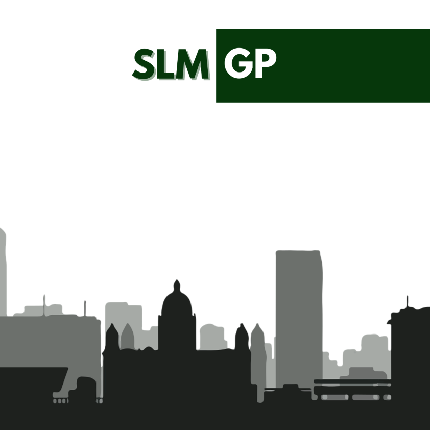 SLM GP logo with silhouette of the Liverpool city skyline